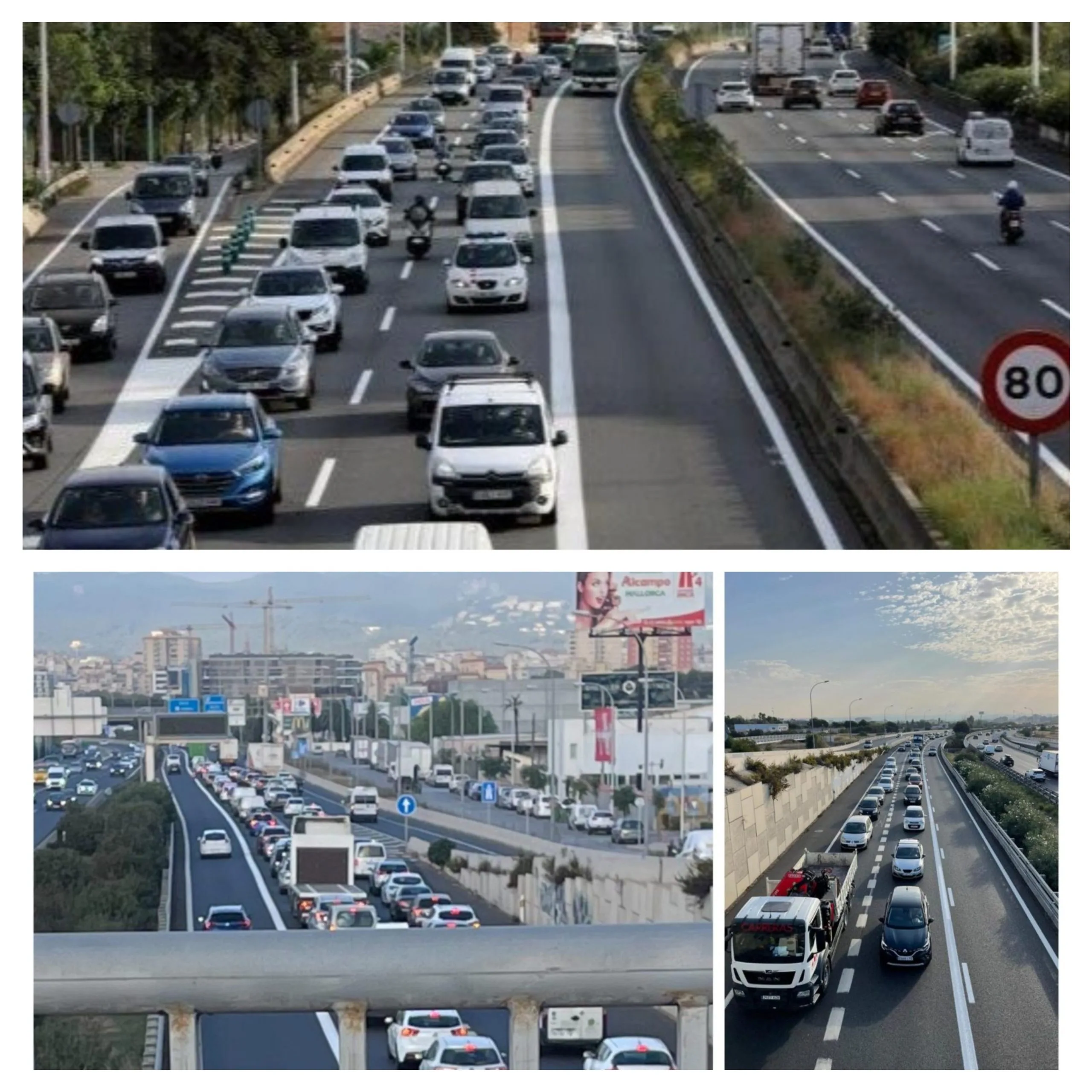 Diferentes perspectivas del tráfico en el carril Bus-VAO de la autopista del aeropuerto de Palma