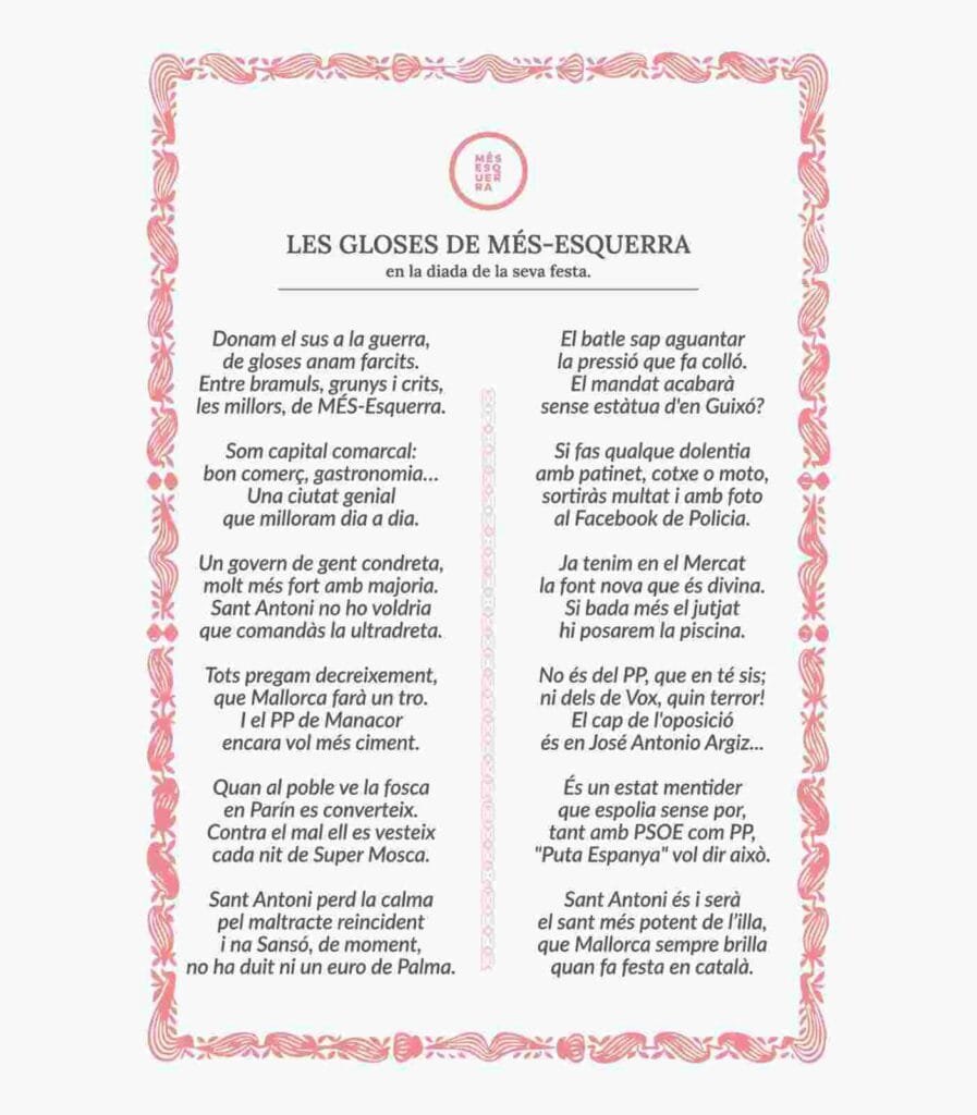 Documento oficial de las "gloses" de Més-Esquerra Manacor para Sant Antoni 2026