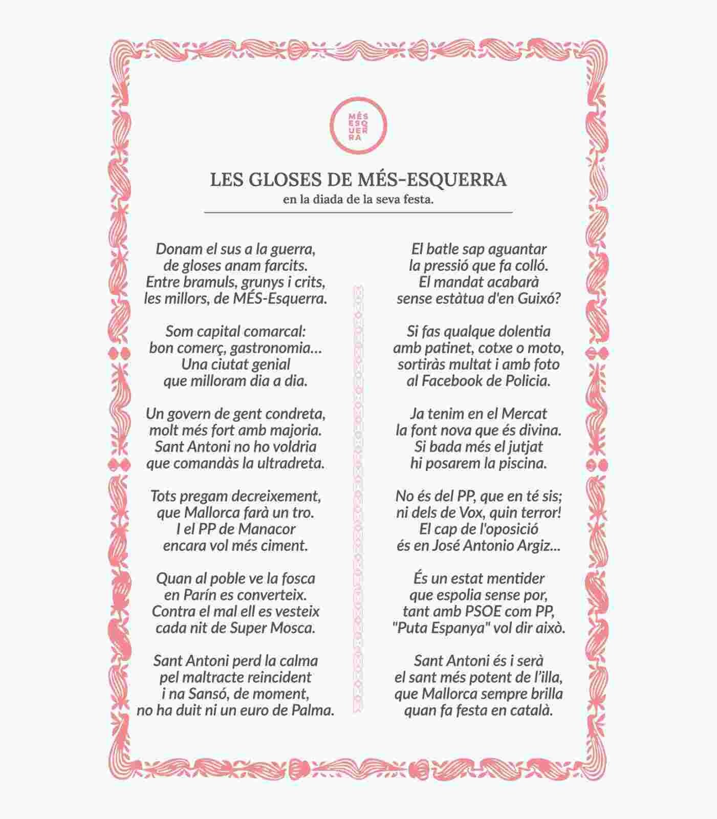 Documento oficial de las "gloses" de Més-Esquerra Manacor para Sant Antoni 2026