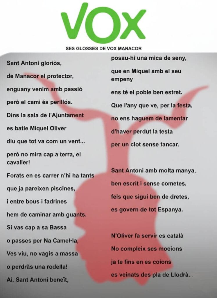 Gloses Sant Antoni VOX Manacor 2026 crítica alcalde separatista