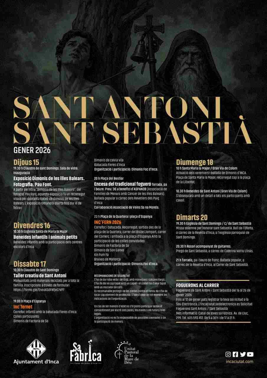 Cartel informativo de las fiestas de Sant Antoni y Sant Sebastià en Inca para el año 2026