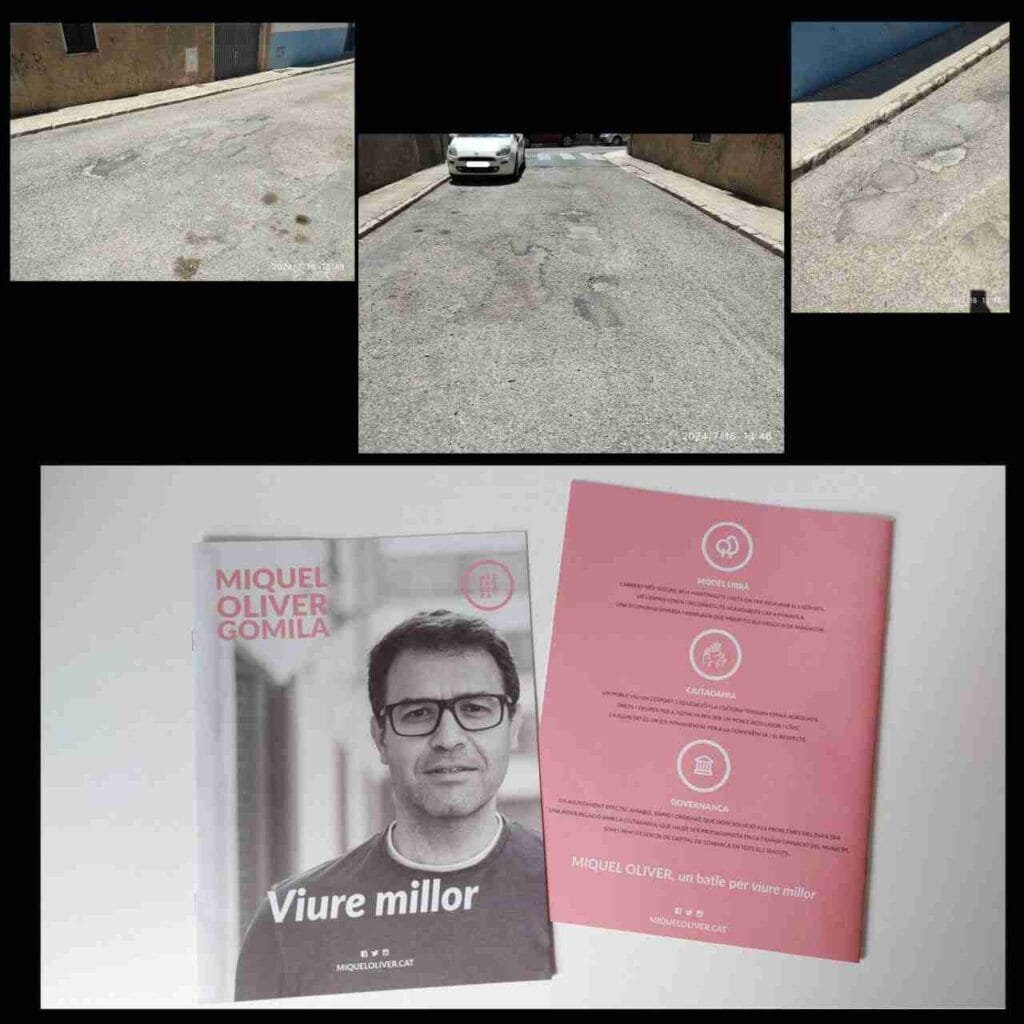 Folletos electorales de Miquel Oliver junto a imágenes de baches en el asfalto de Manacor