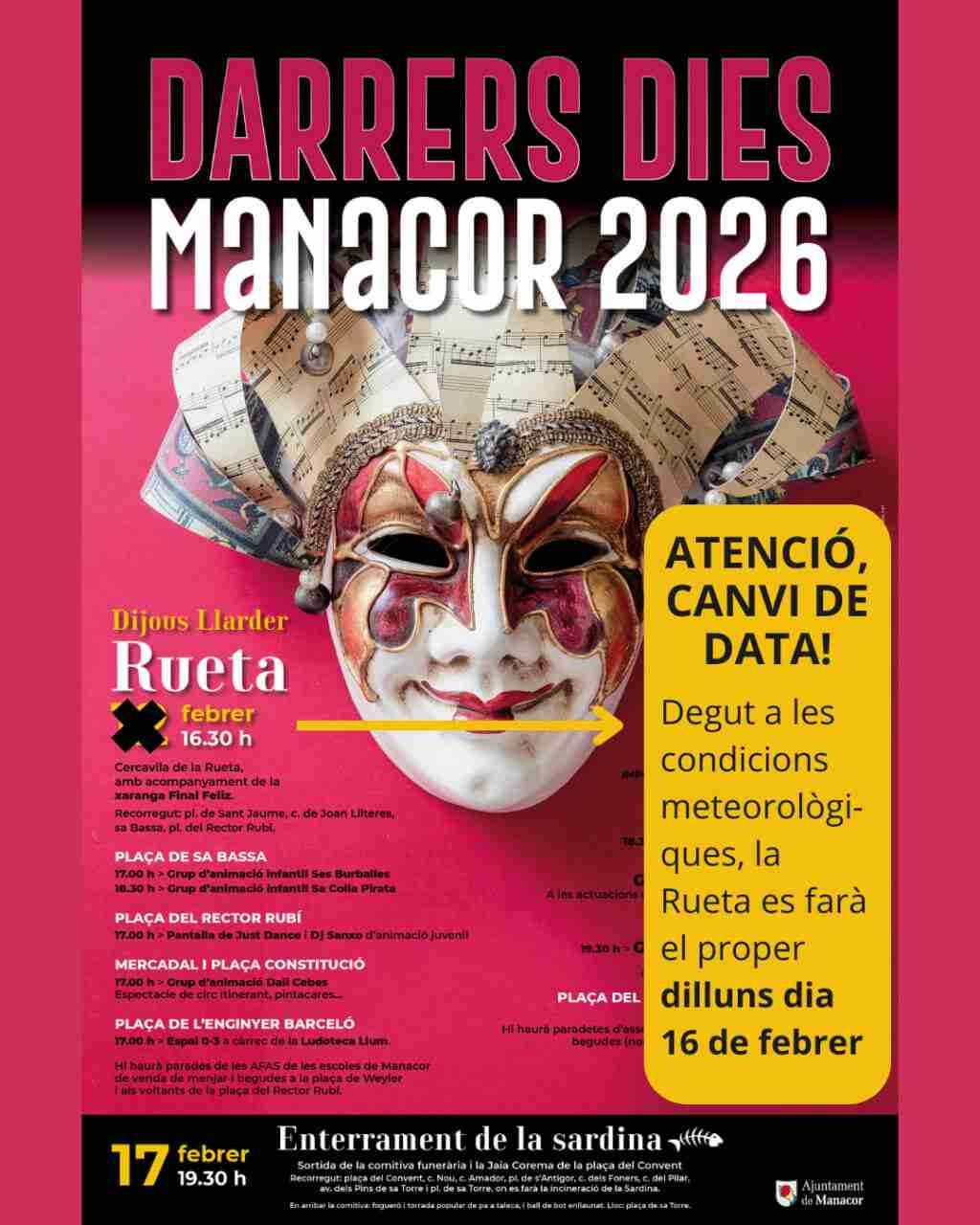 Cartel oficial con los cambios de fecha de la Rueta de Manacor