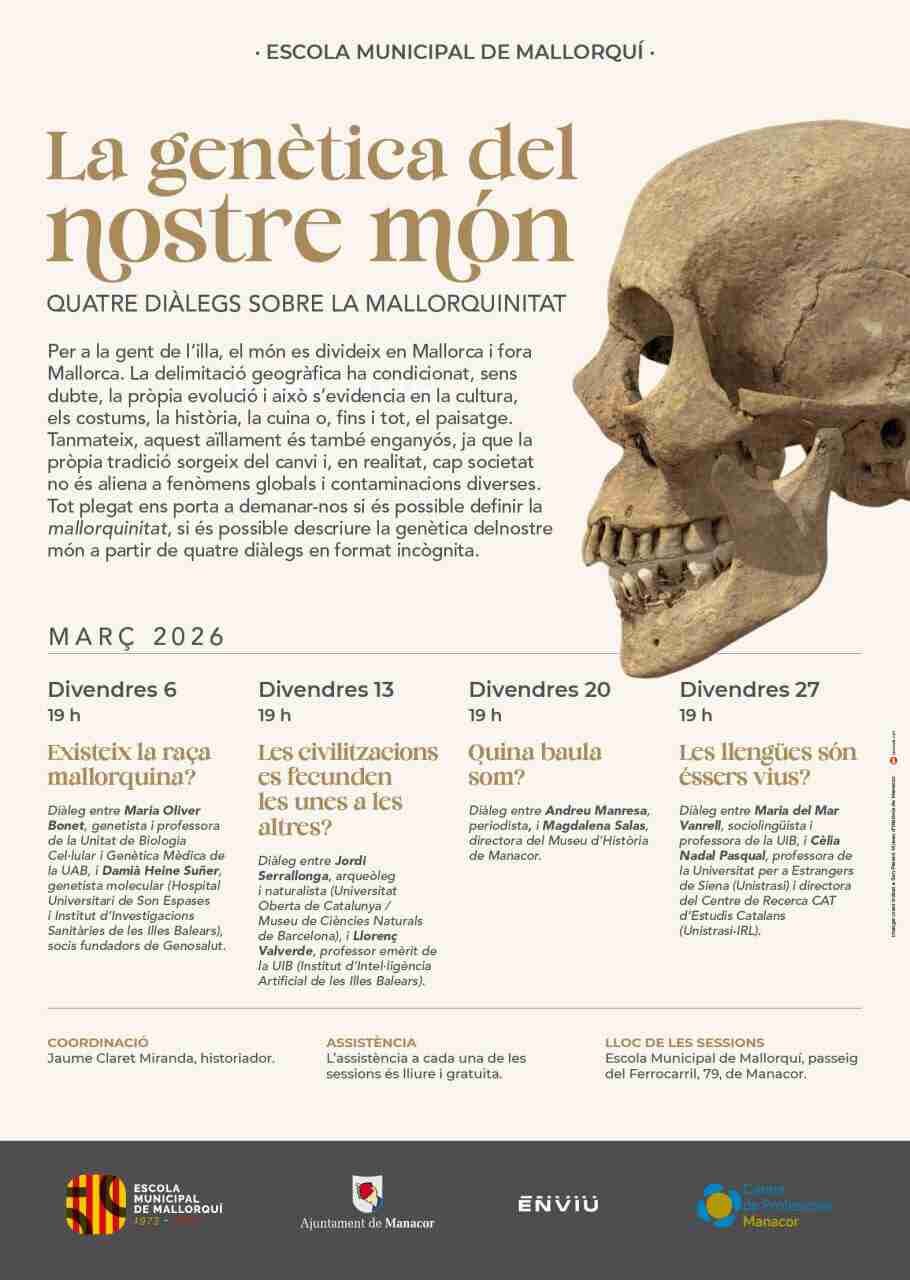 Cartel del ciclo La genética de nuestro mundo con la imagen de un cráneo antiguo y las fechas de los diálogos