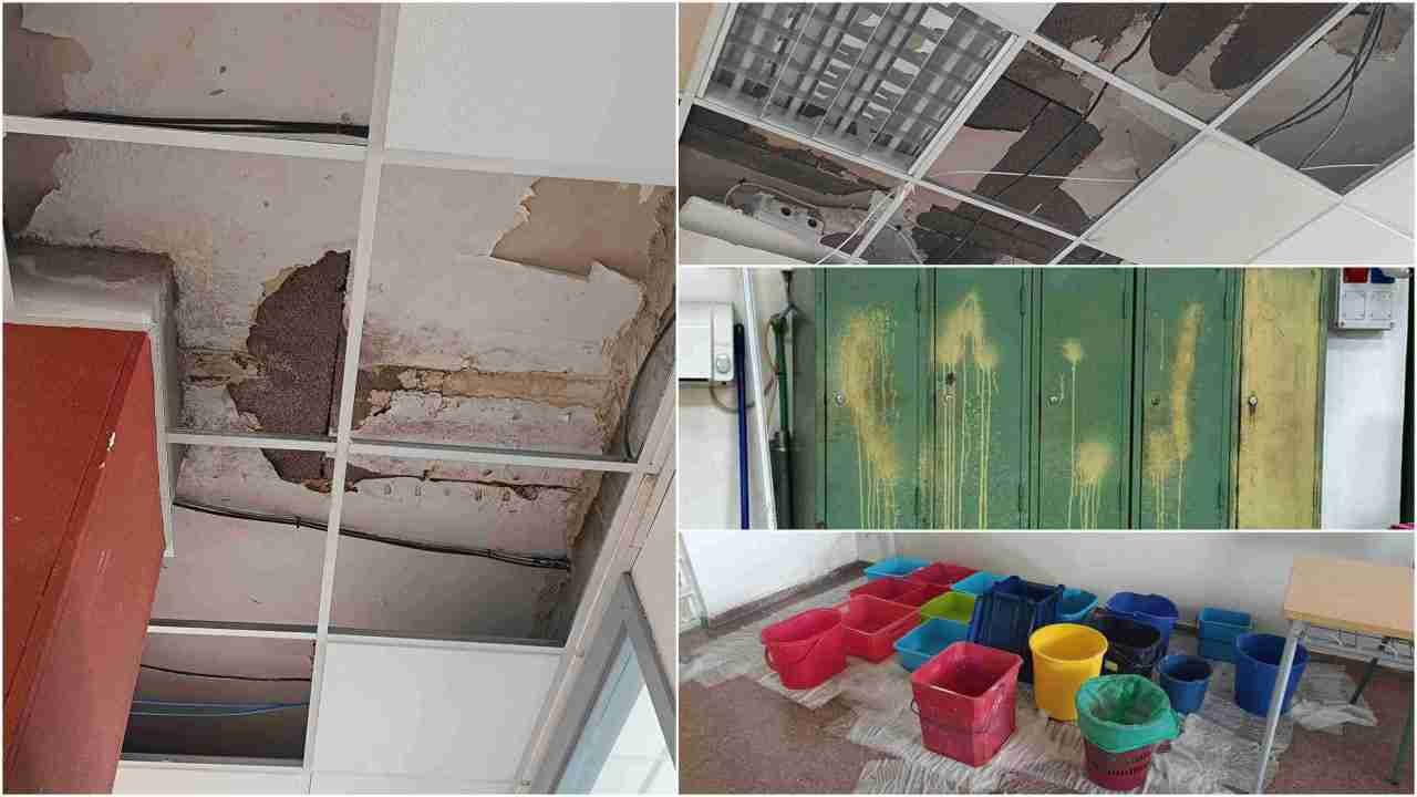Collage que muestra techos desprendidos, taquillas en mal estado y cubos recogiendo goteras en el IES Felanitx