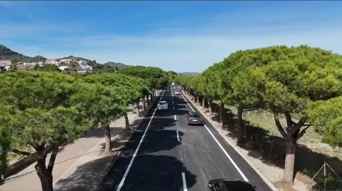 Fotografía aérea de una carretera en Son Servera con asfalto nuevo, señalización blanca impecable y rodeada de pinos