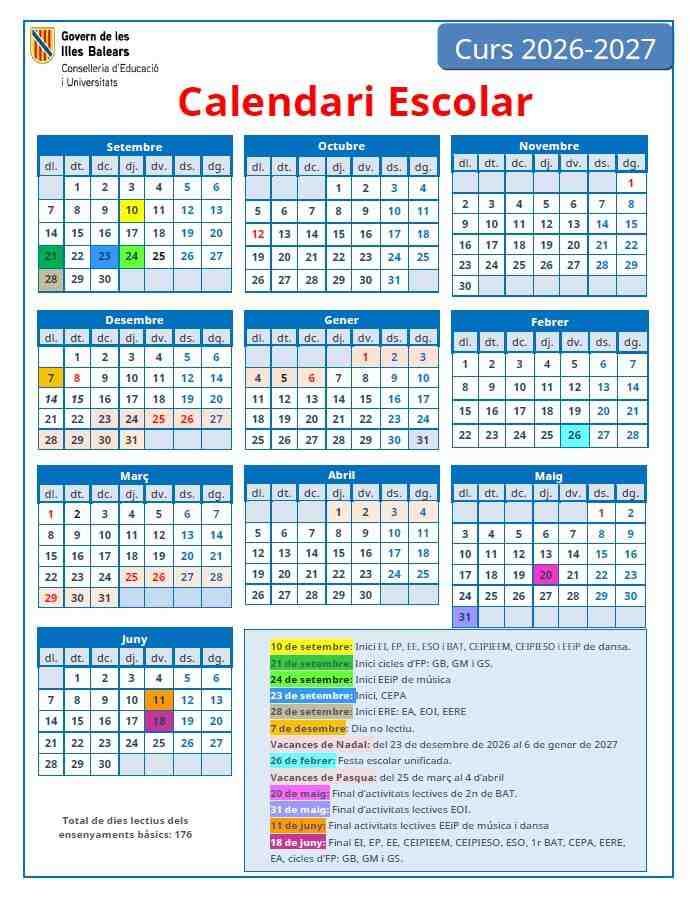 Infografía del calendario escolar 2026-2027 del Govern de les Illes Balears con meses y días festivos destacados