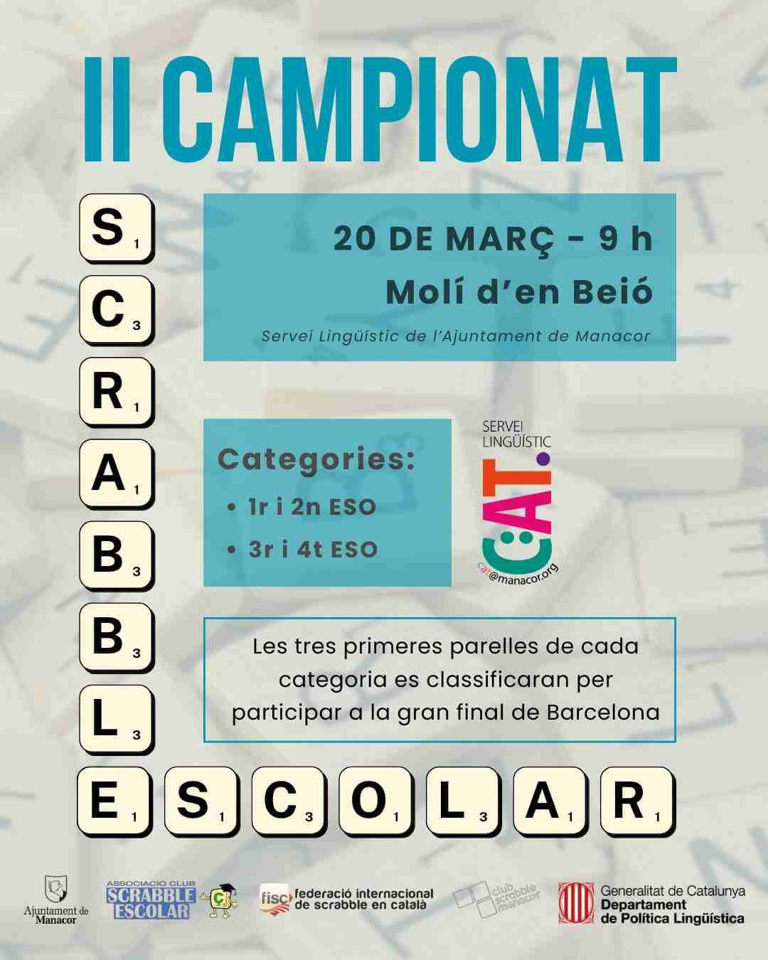 Cartel oficial del segundo campeonato de Scrabble escolar en Manacor con fechas y categorías