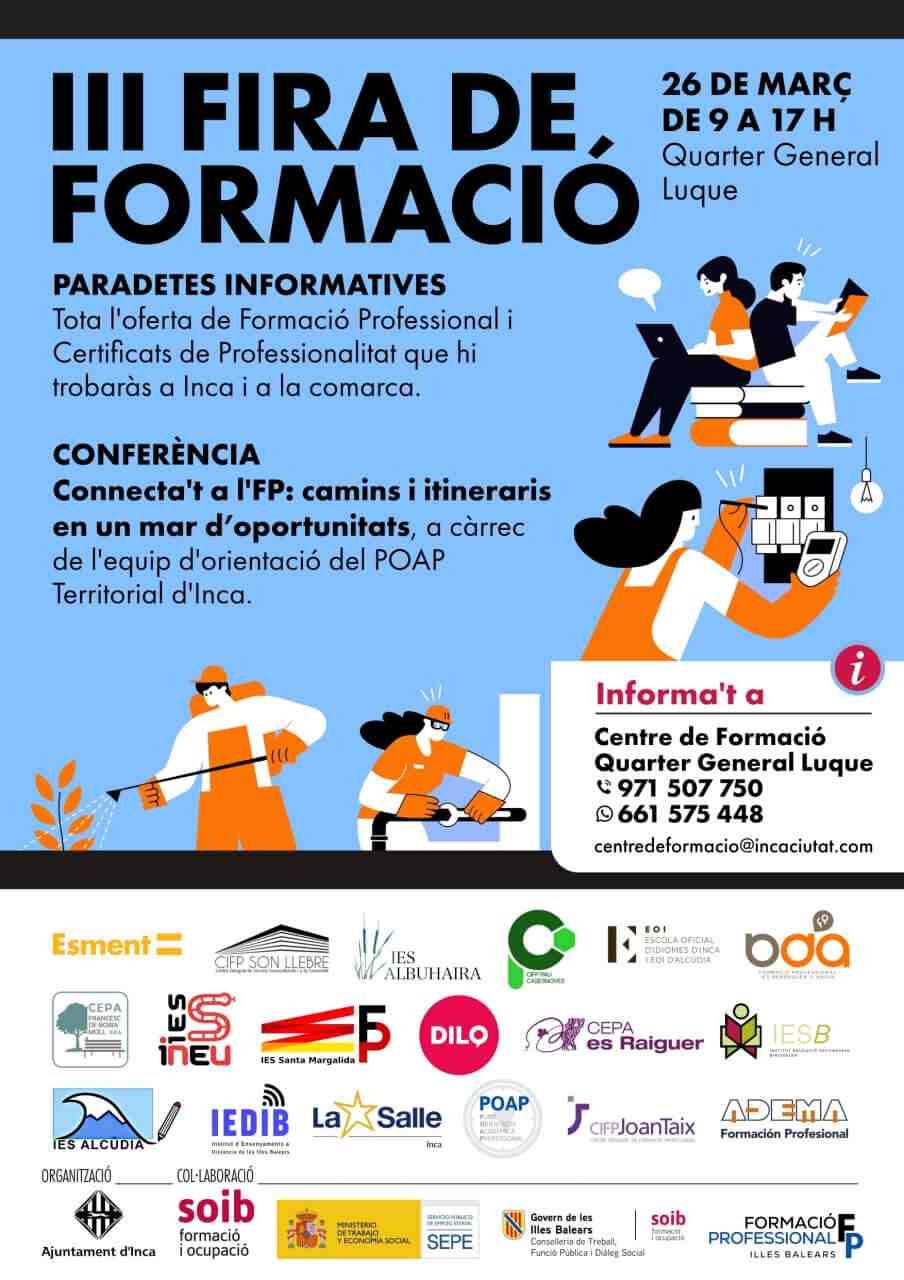 Cartel informativo de la III Fira de Formació de Inca con fecha 26 de marzo en el Quarter General Luque