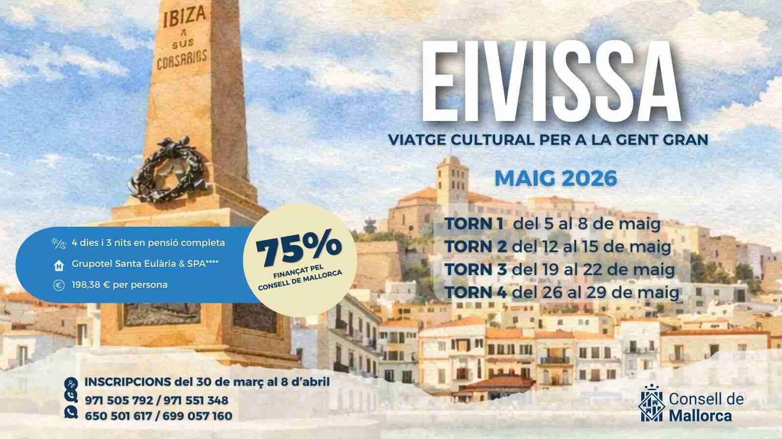 Cartel con información sobre los viajes a Ibiza para mayores de Mallorca en mayo de 2026