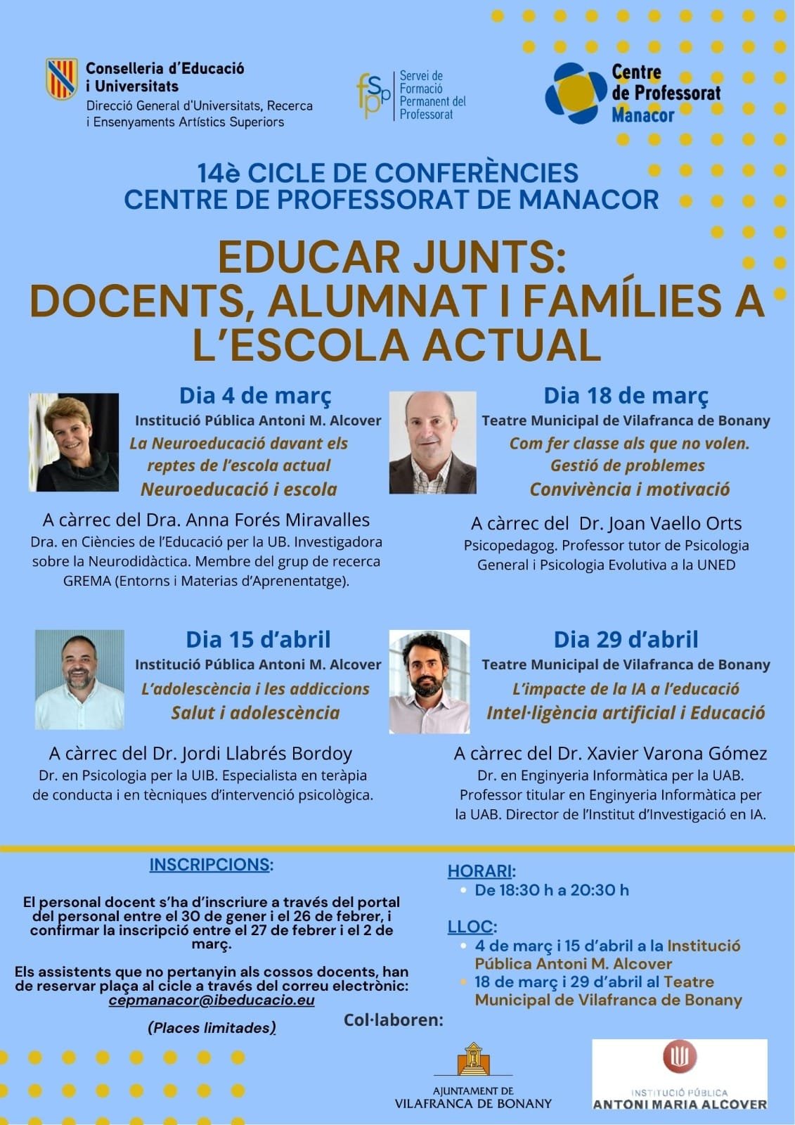 Cartel oficial del 14º ciclo de conferencias 'Educar junts' organizado por el Centre de Professorat de Manacor