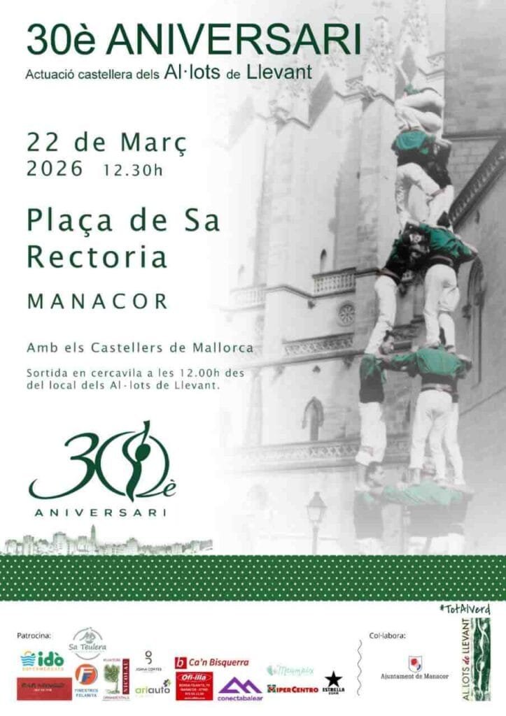 Cartel conmemorativo del 30 Aniversario de los Al·lots de Llevant con el programa del 22 de marzo en Manacor