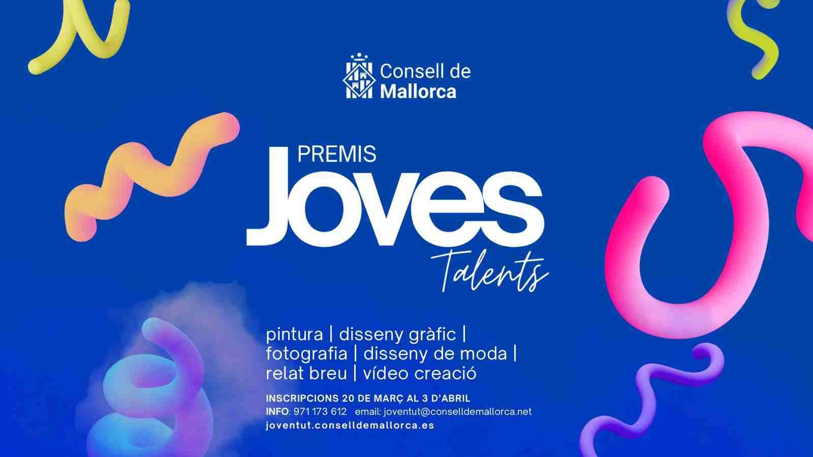 Cartel promocional de los premios Joves Talents con fondo azul y formas coloridas