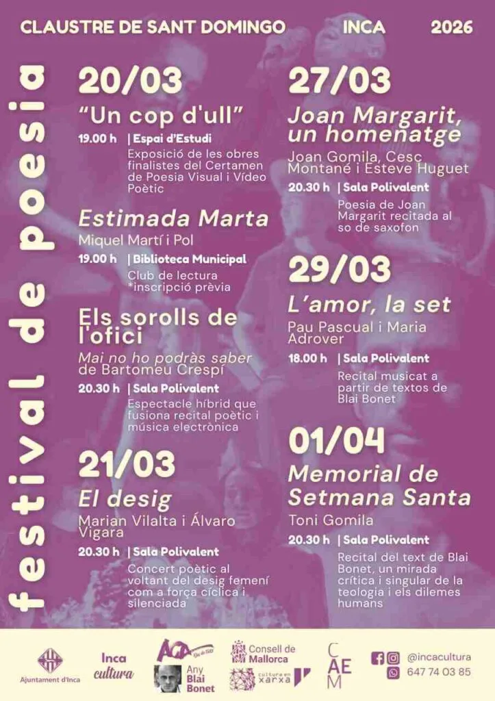 Cartel detallado con la programación del Festival de Poesía de Inca 2026 en el Claustre de Sant Domingo