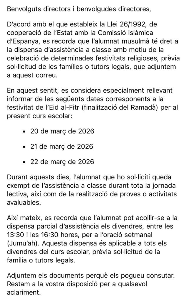 Captura de la circular dirigida a directores sobre los derechos de exención de asistencia por festividades religiosas