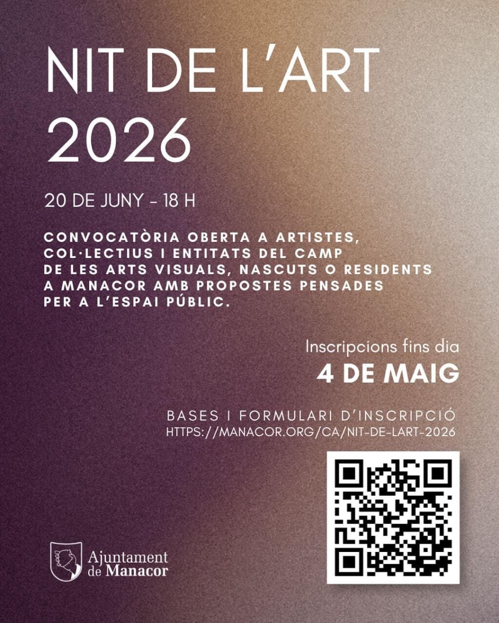 Cartel de la Nit de l'Art 2026 de Manacor con fechas y detalles de la convocatoria para artistas