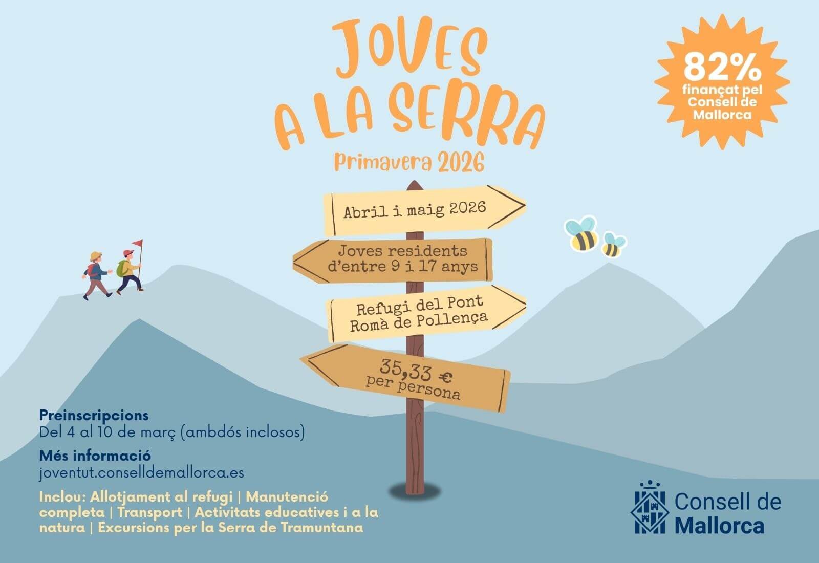 Cartel informativo de Joves a la Serra con precio de 45 euros y fechas de inscripción