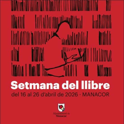 Cartel oficial de la Semana del Libro de Manacor 2026 sobre fondo rojo con ilustración de un lector