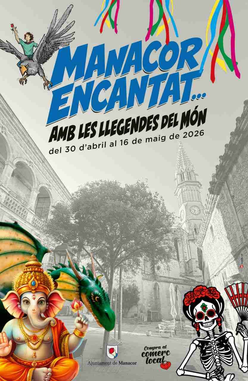 Cartel del evento Manacor Encantat 2026 con figuras mitológicas y la iglesia de fondo