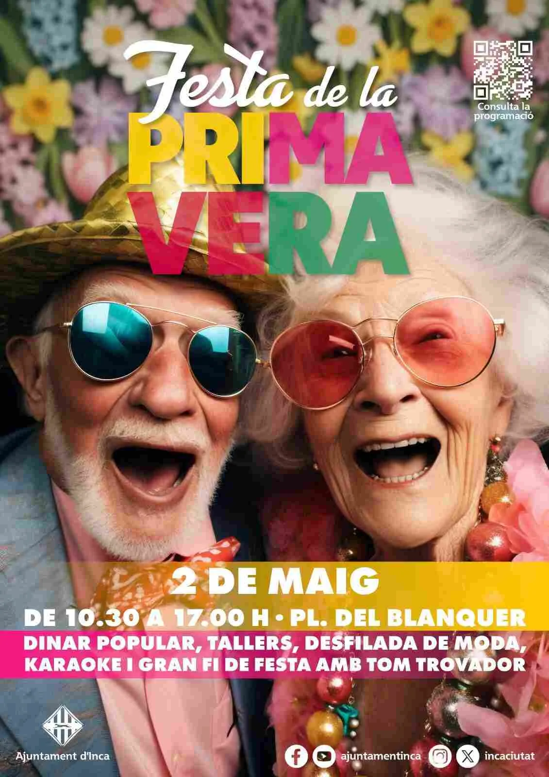 Cartel colorido de la Fiesta de la Primavera de Inca con dos personas mayores con gafas de sol y ambiente festivo