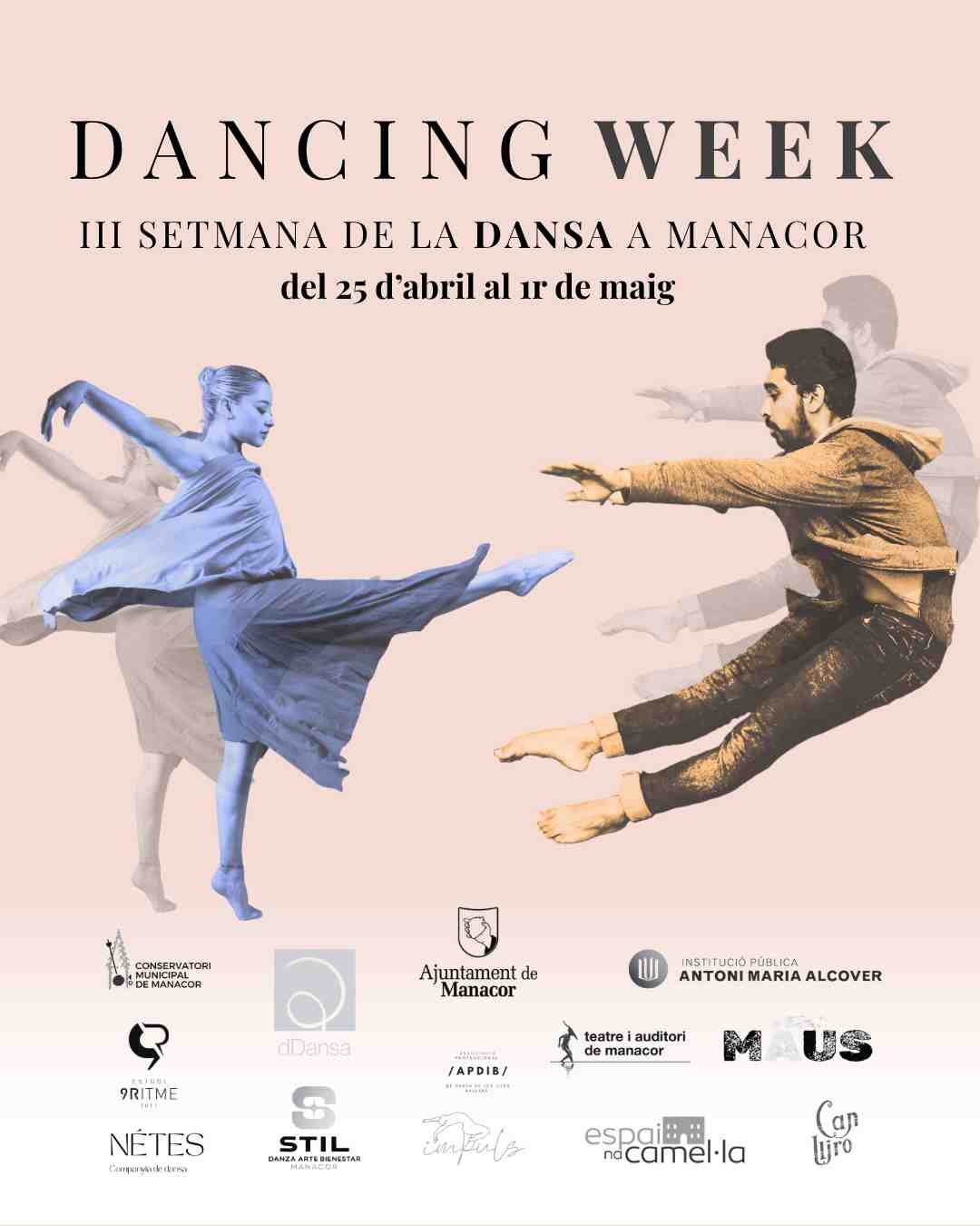 Cartel de la Dancing Week en Manacor con una bailarina clásica y un bailarín contemporáneo en movimiento