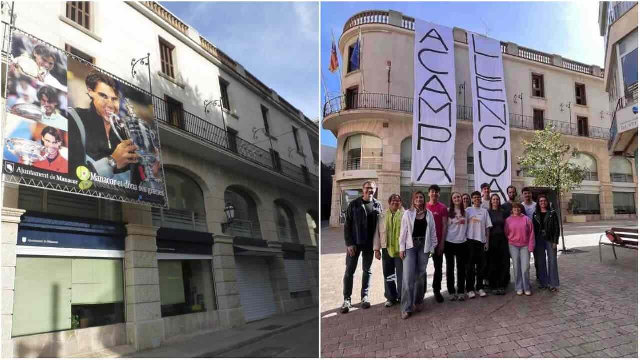 Collage comparativo que muestra la pancarta de Rafael Nadal y las actuales lonas de la Acampallengua en el Ayuntamiento