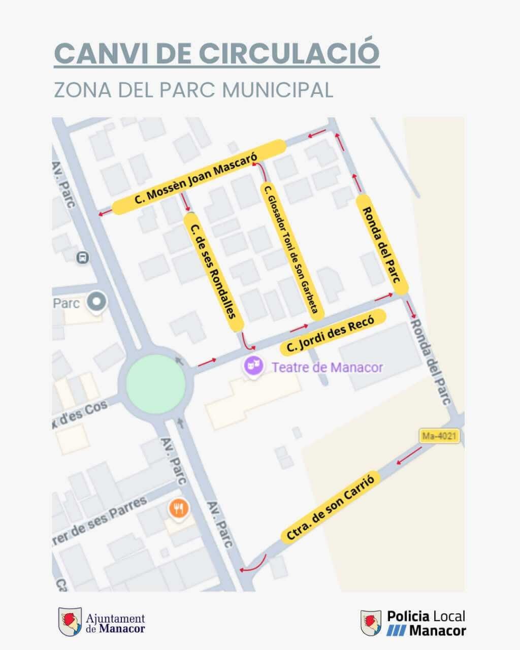 Plano oficial del Ayuntamiento de Manacor con los nuevos sentidos de circulación en seis calles del Parc Municipal
