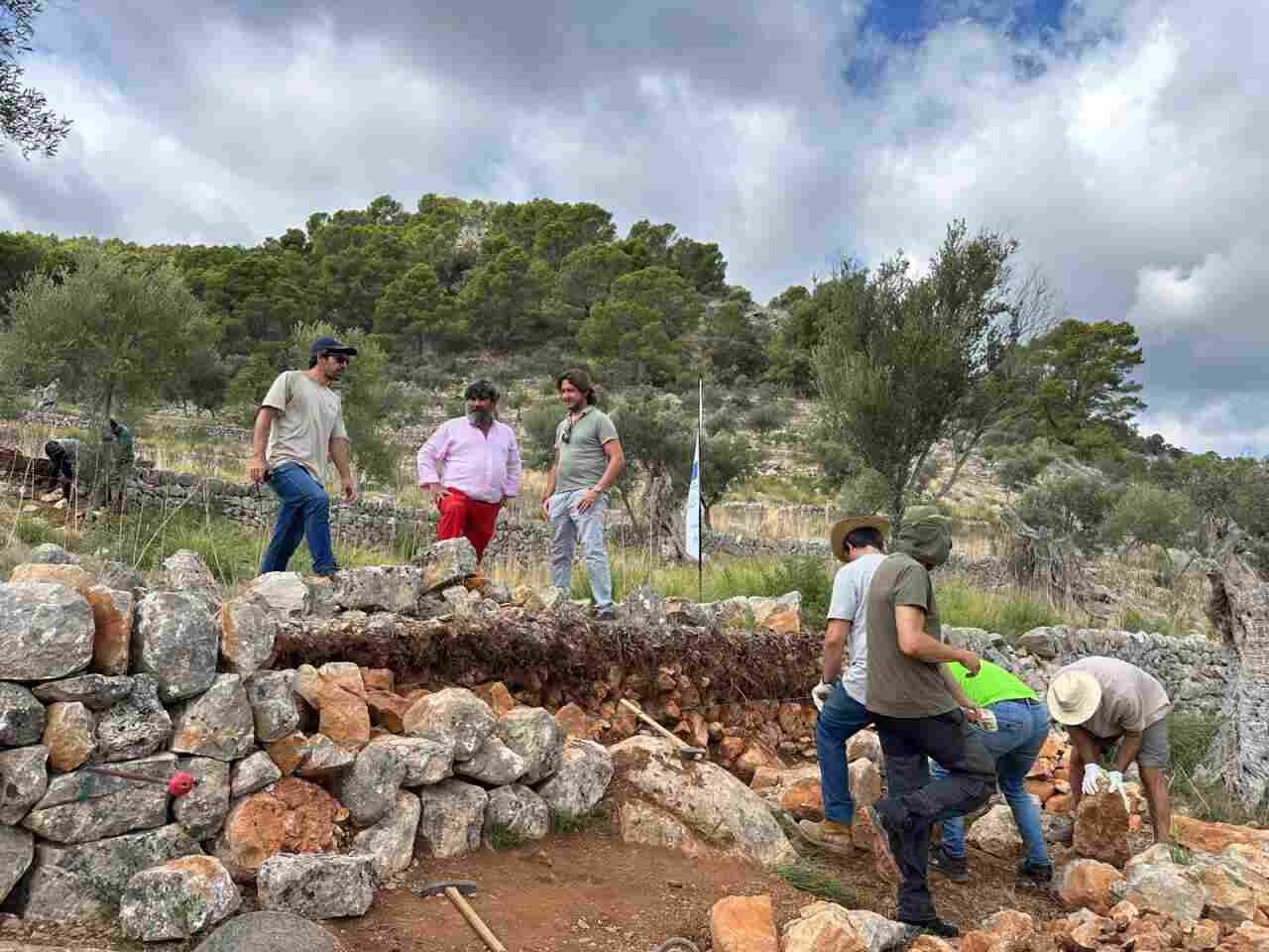 Alumnos y maestros margers trabajando en la reconstrucción de un muro de piedra en seco