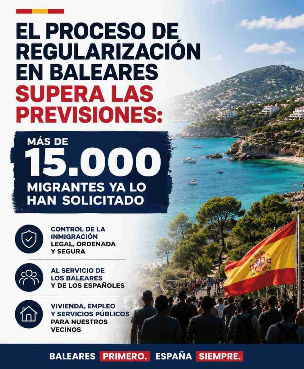 Cartel de VOX Baleares que denuncia que el proceso de regularización supera las previsiones con más de 15.000 solicitudes