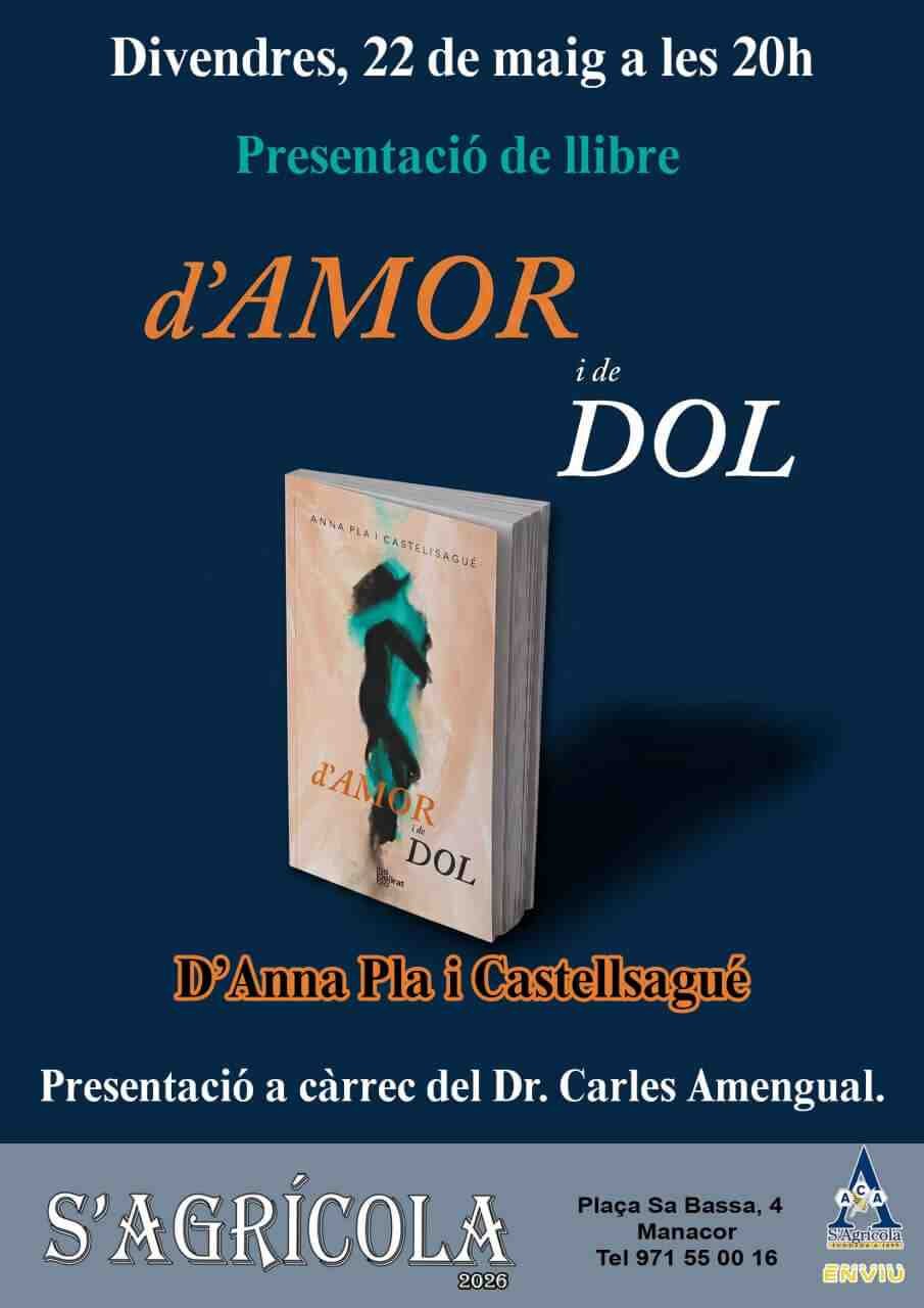 Cartel informativo del evento cultural en S'Agrícola con la portada del libro de Anna Pla i Castellsagué