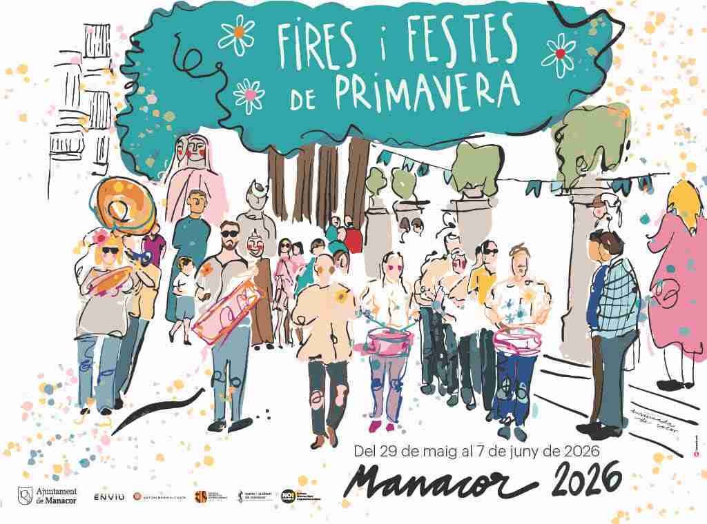 Cartel ilustrado con dibujos de trazo negro y colores vivos que muestra a una multitud de ciudadanos participando en un pasacalles festivo con músicos y batucada en Manacor