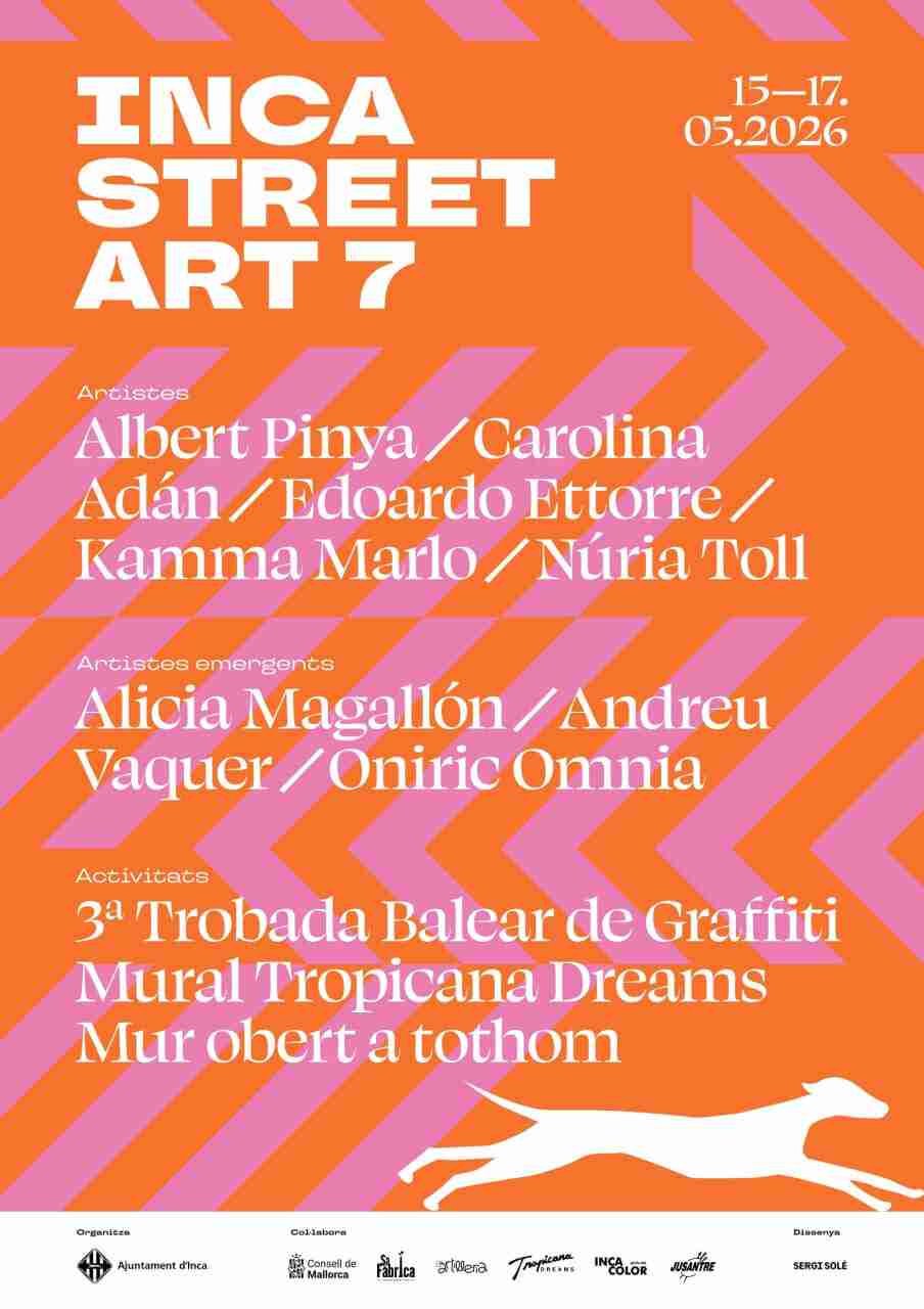 Cartel del festival Inca Street Art 7 con fondo naranja y rosa y listado de artistas participantes