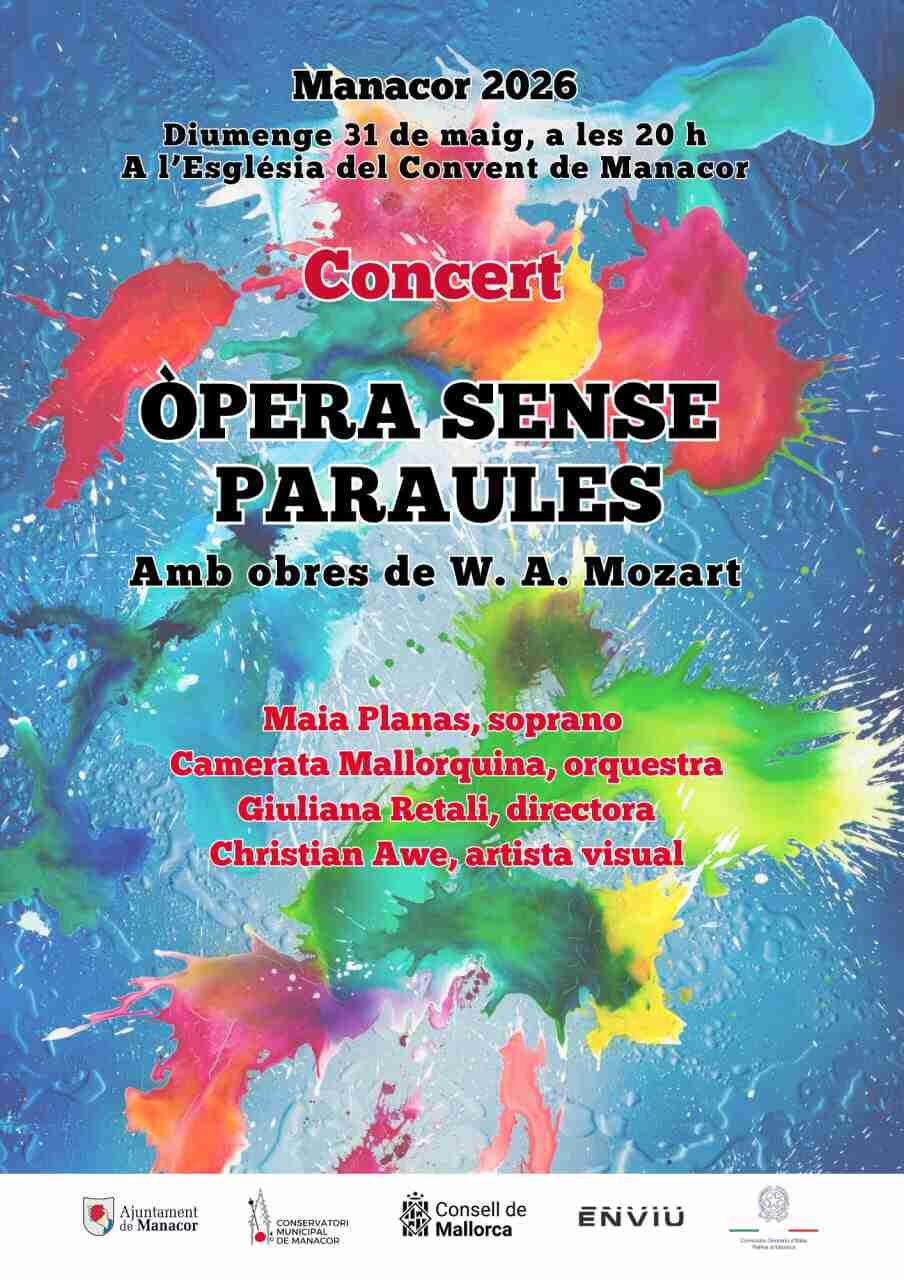 Cartel promocional del concierto Ópera sin palabras con fondo azul salpicado de manchas de pintura de colores intensos