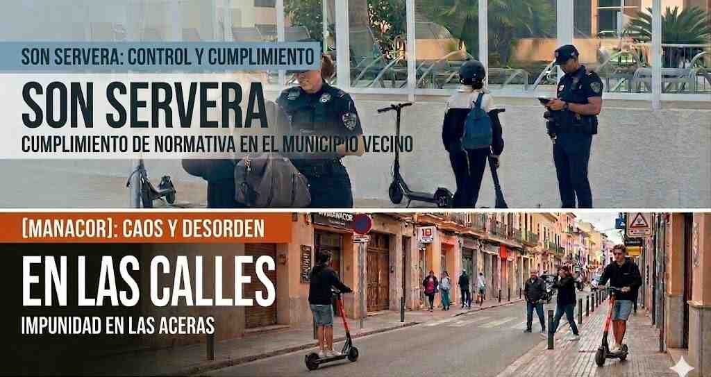 Comparativa visual entre el control de patinetes en Son Servera y el caos en Manacor (Imagen generada con IA)