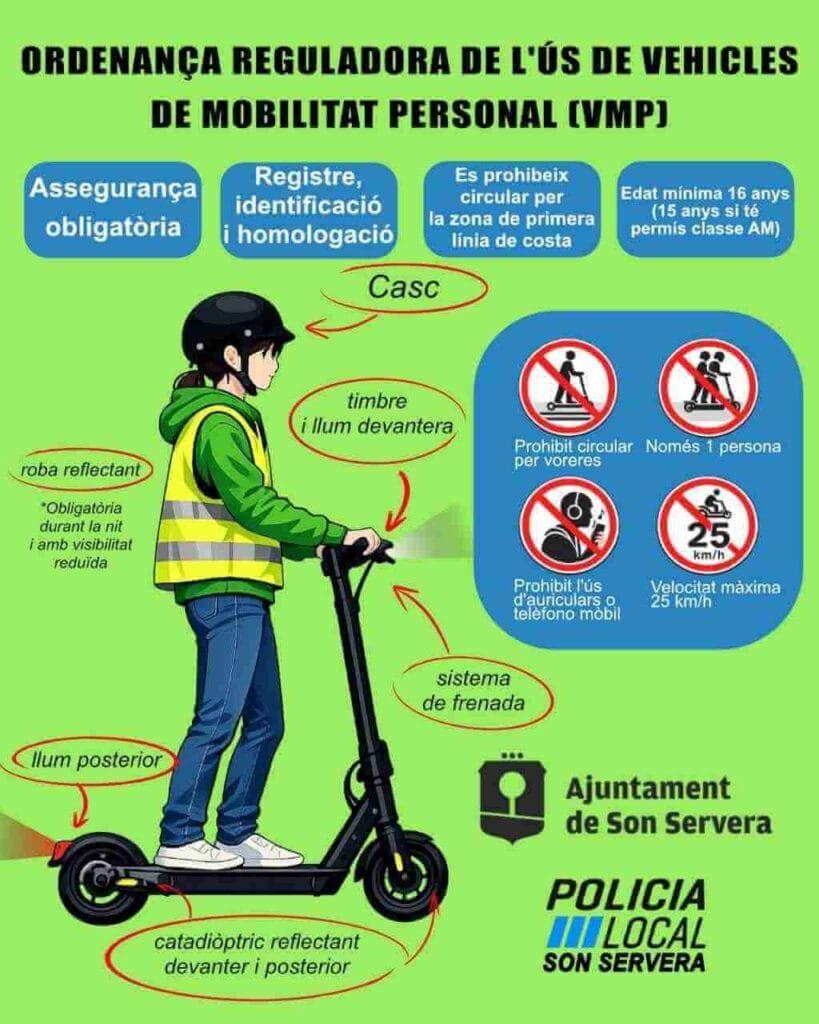 Cartel informativo del Ayuntamiento de Son Servera con las normas y obligaciones para patinetes eléctricos