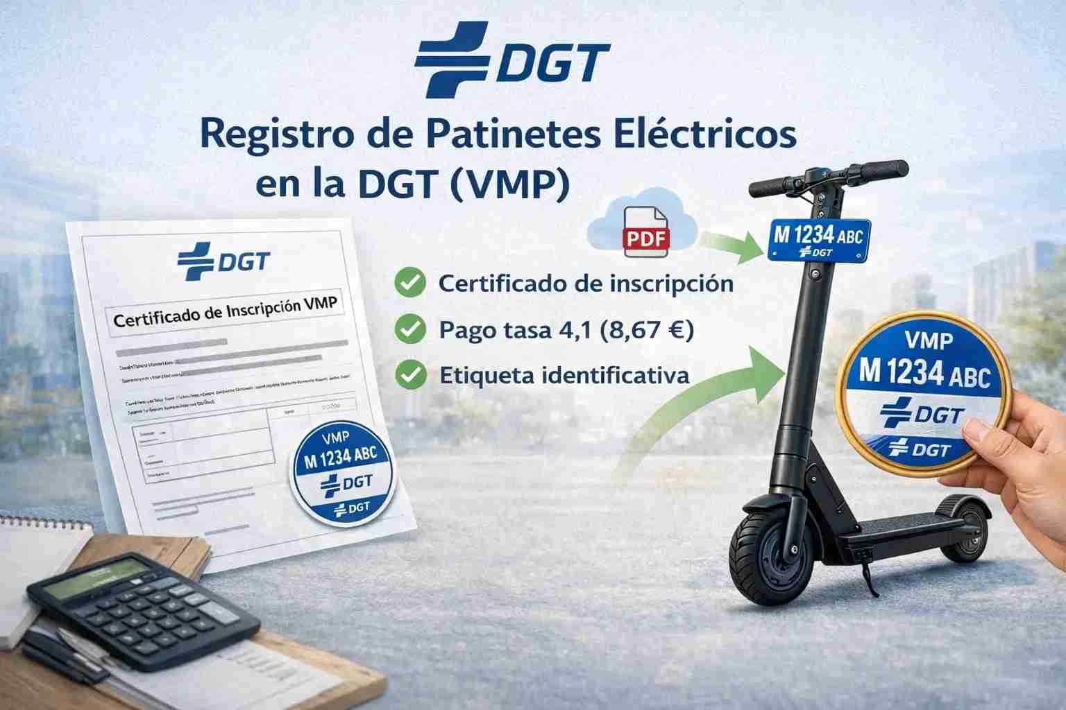 Infografía detallada sobre el proceso de registro de VMP en la DGT, certificado de inscripción y pago de tasas