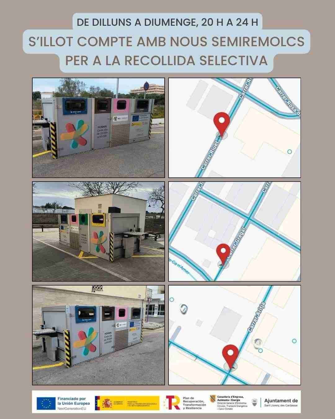 Cartel informativo de los nuevos contenedores móviles de recogida selectiva en s'Illot con mapas de ubicación