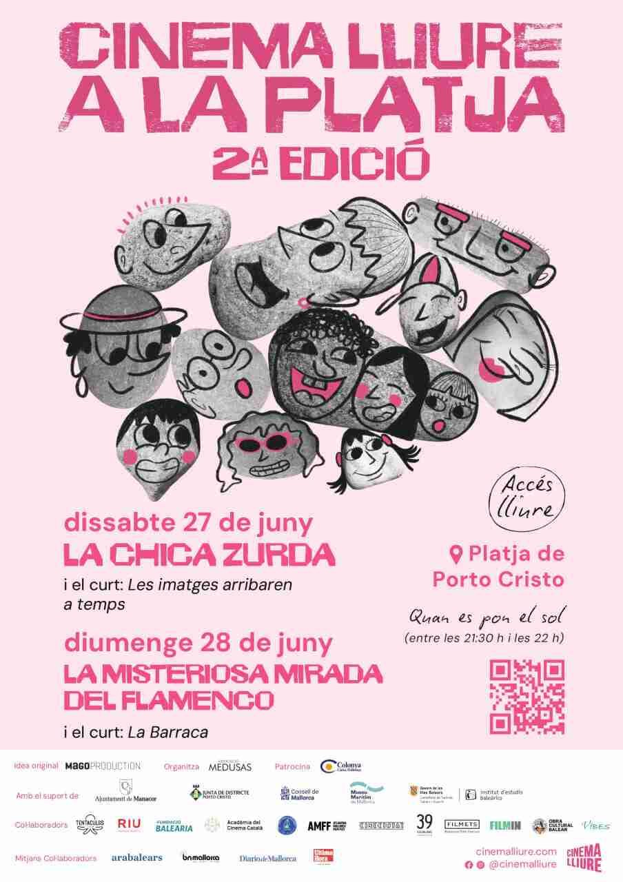 Cartel publicitario rosa de la segunda edición del Cinema Lliure a la Platja en Porto Cristo