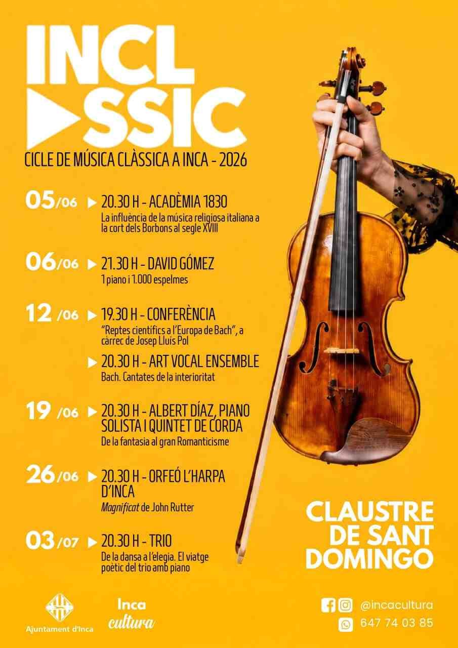 Cartel oficial del ciclo de música clásica Inclàssic Inca 2026 con un violín sobre fondo amarillo
