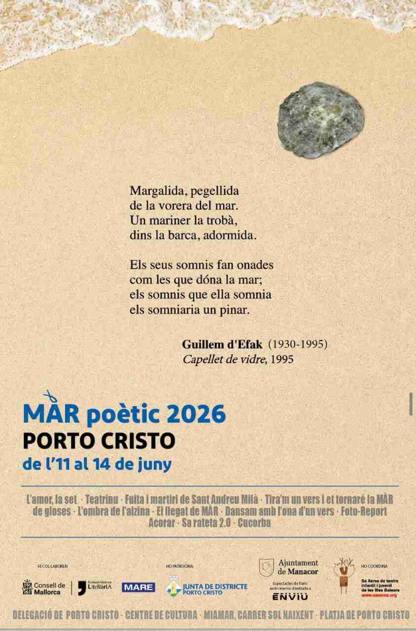 Cartel oficial del cicle MÀR Poètic 2026 en Porto Cristo con un poema de Guillem d'Efak