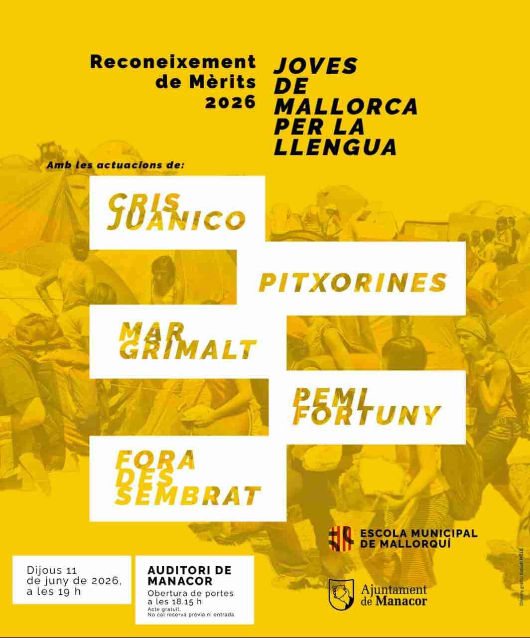 Cartel amarillo del Reconeixement de Mèrits 2026 de Joves de Mallorca per la Llengua en Manacor