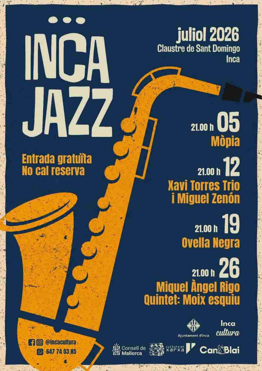 Cartel promocional del festival Incajazz 2026 con un saxofón amarillo y la programación de julio