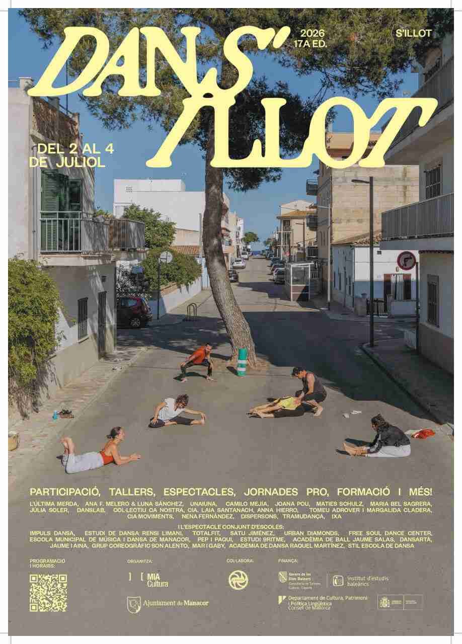 Cartel promocional del Festival Dans'illot 2026 con bailarines en una calle de s'Illot