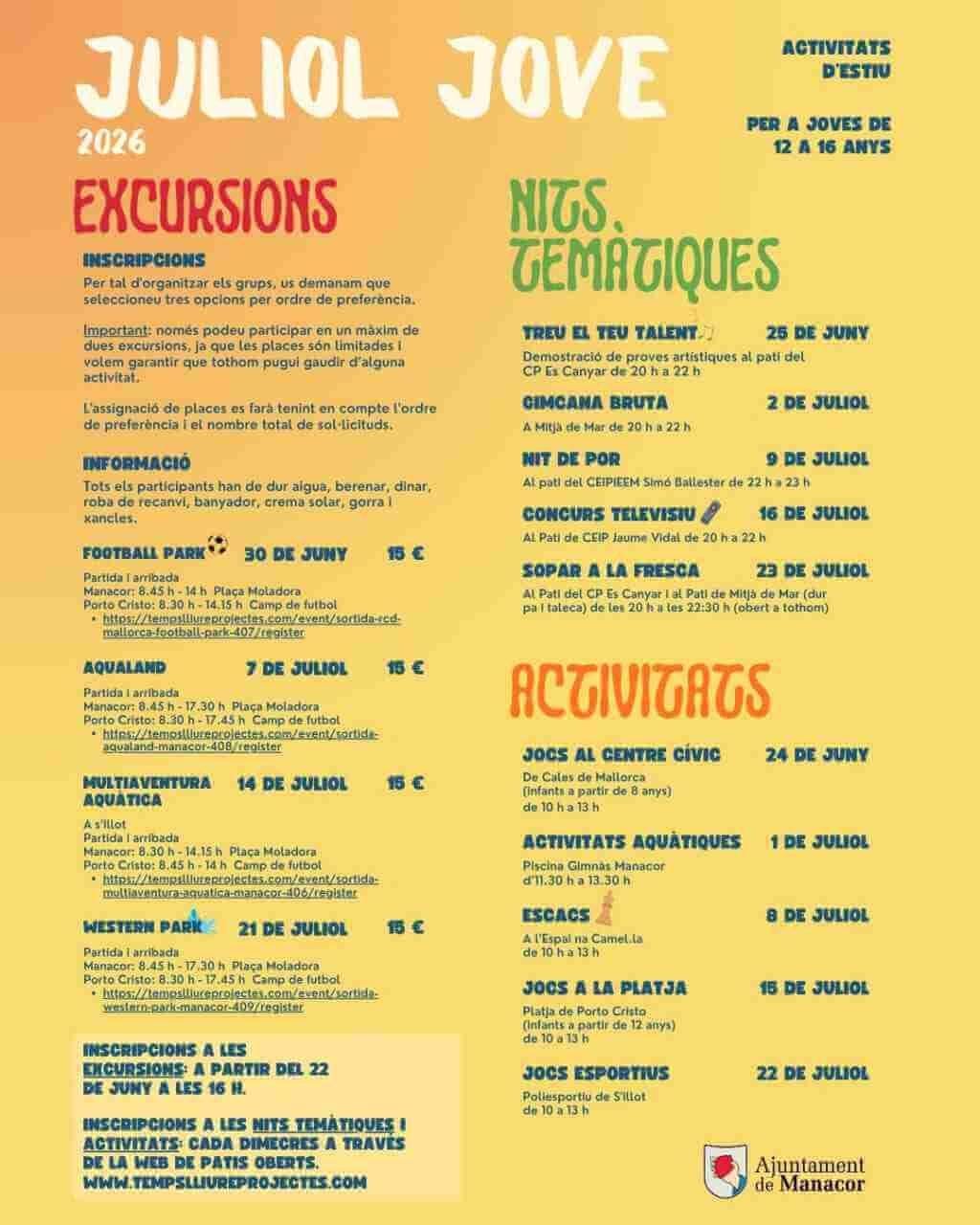 Cartel con la programación completa, fechas y precios de las actividades del Juliol Jove 2026 de Manacor