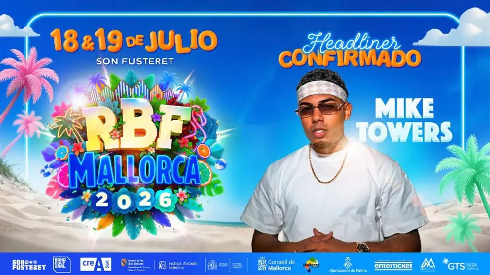 Cartel promocional del evento cancelado RBF Mallorca 2026 con el artista Mike Towers