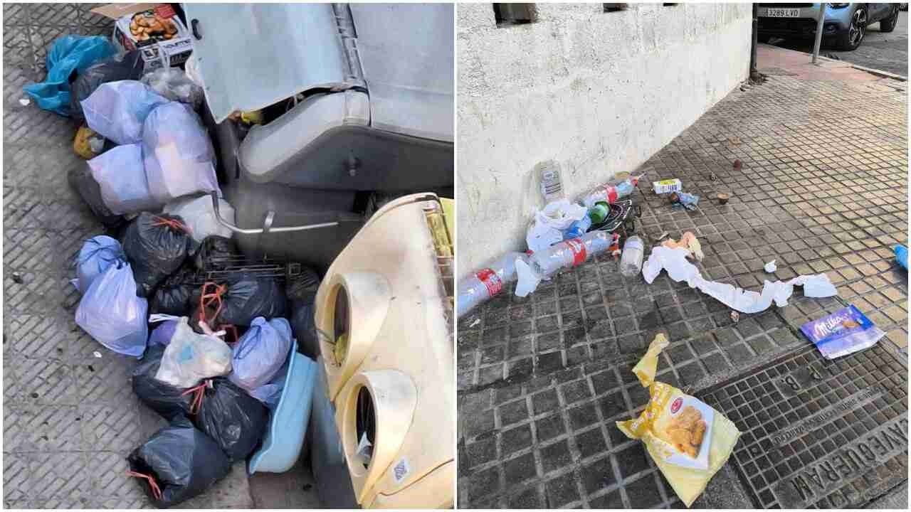 Collage de dos fotos con bolsas de basura desbordadas y restos de plásticos tirados en la acera en Inca