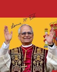 Fotografía del Santo Padre León XIV con la bandera de España de fondo
