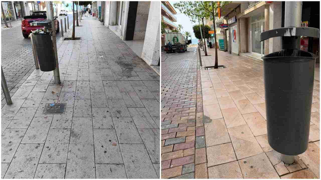 Composición de dos imágenes que muestra el antes con la acera sucia y el después con las baldosas limpias tras pasar la maquinaria a presión en Cala Millor
