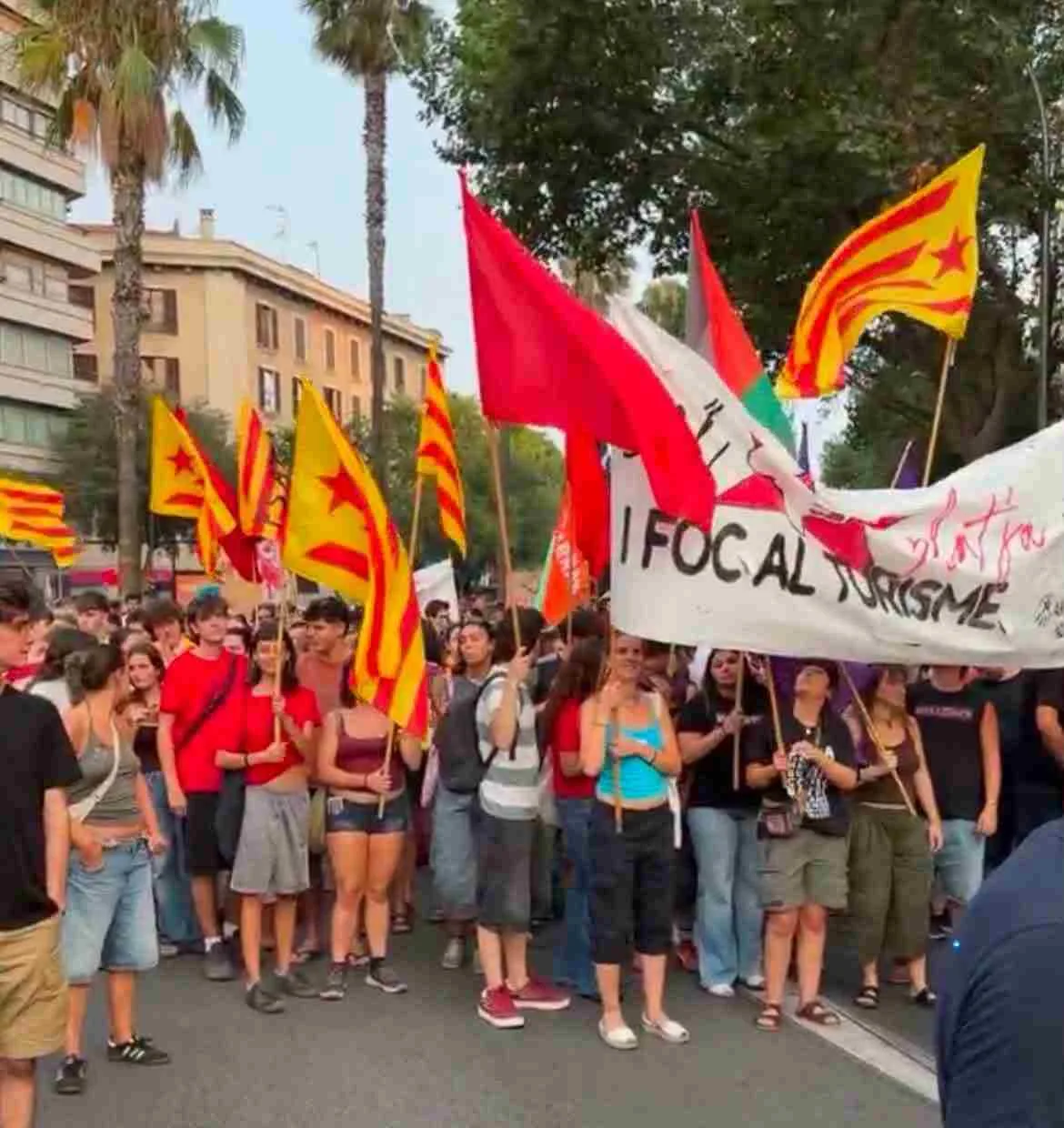 Grupo de jóvenes portando banderas esteladas y la pancarta Foc al turisme en Palma.