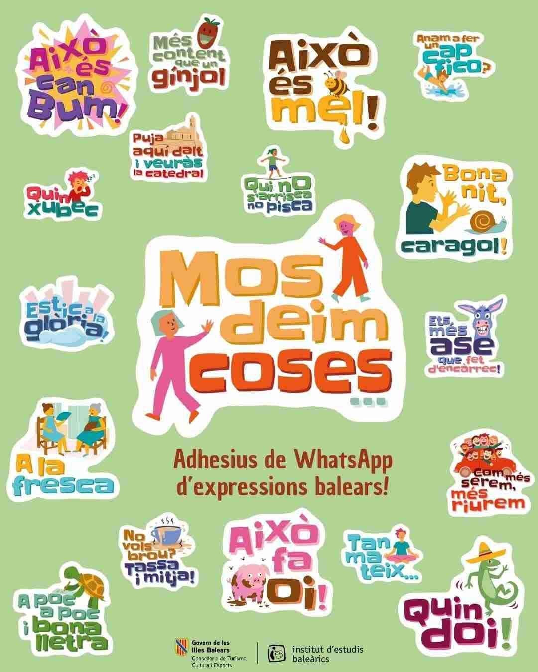 Cartel promocional de color verde con una muestra de pegatinas ilustradas con frases populares de Baleares